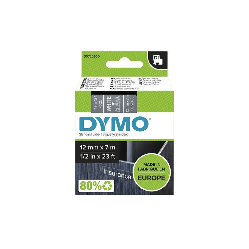 Dymo Ruban encreur S0720600 45020 Transparent sur Blanc